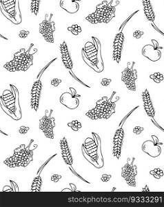 Black seamless pattern with autumnfruit and vegetable. Apple, wheat, corn, grape, blueberry. Vector. Background for wrapping, poster, card, cover. Outline repeat for scrapbooking, textile, craft paper. Black seamless pattern with autumn fruit and vegetable. Apple, wheat, corn, grape, blueberry. Vector.