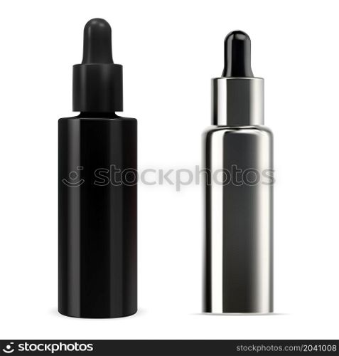 Black serum dropper bottle. Cosmetic aroma essence vial, face treatment collagen collection. Cosmetic flacon with pipette, moisturizer flask illustration. Black serum dropper bottle. Cosmetic aroma essence
