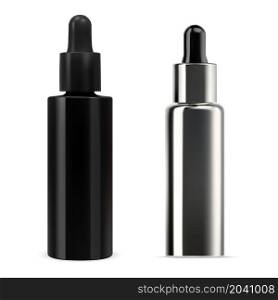 Black serum dropper bottle. Cosmetic aroma essence vial, face treatment collagen collection. Cosmetic flacon with pipette, moisturizer flask illustration. Black serum dropper bottle. Cosmetic aroma essence