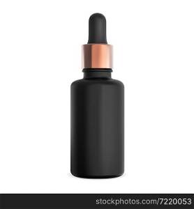 Black serum dropper bottle. Essential oil eye drop container. Black glass cosmetic treatment vial with pipette, realistic collagen packaging illustration. Aroma essence jar, liquid collagen. Black serum dropper bottle. Essential oil eye drop container