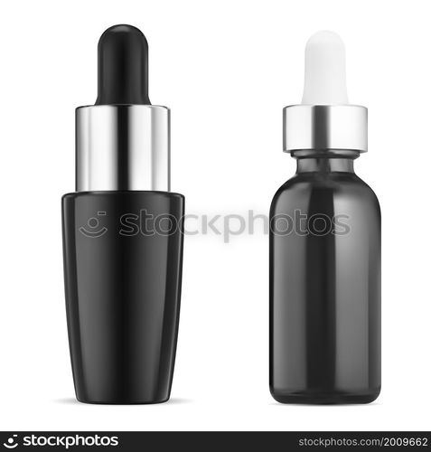 Black serum dropper bottle. Essential oil vial mock up. Liquid skin treatment eyedropper flask. Aroma essence pipette packaging, luxury anti-aging cosmetics, collagen flacon set. Black serum dropper bottle. Essential oil vial mock up