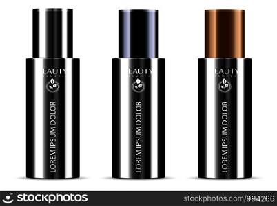 Black set of cosmetic products on a white background. Cosmetic package collection for cream, soups, foams, shampoo with different caps. Vector blank mock up for brand template.. Black set of cosmetic products white background.