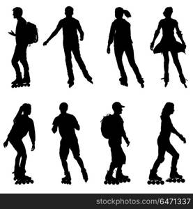 Black set silhouette of an athlete on roller skates on a white background. Black set silhouette of an athlete on roller skates on a white background.