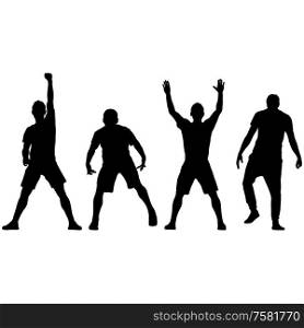 Black set silhouettes man with arm raised on a white background.. Black set silhouettes man with arm raised on a white background