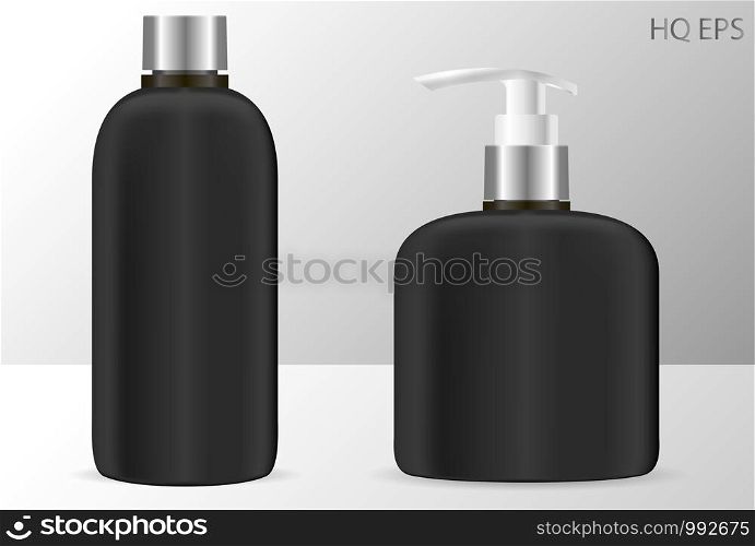 Black shampoo and soap dispenser bottles cosmetic mockup. 3d EPS Vector illustration ready for your design. Isolated packaging.. Black shampoo and soap dispenser bottles cosmetic