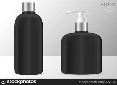 Black shampoo and soap dispenser bottles cosmetic mockup. 3d EPS Vector illustration ready for your design. Isolated packaging.. Black shampoo and soap dispenser bottles cosmetic