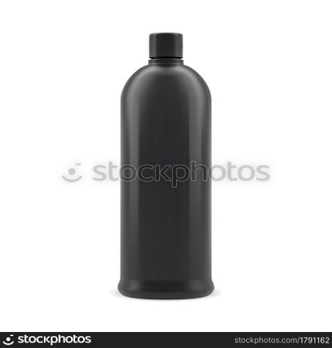 Black shampoo bottle. Black plastic cosmetic container vector template mockup. Hair beauty product cylinder package. Bathroom gel black shiny packaging. Black shampoo bottle. Plastic cosmetic container