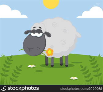 Black Sheep Cartoon Character With A Flower. Vector Illustration Flat Design With Background