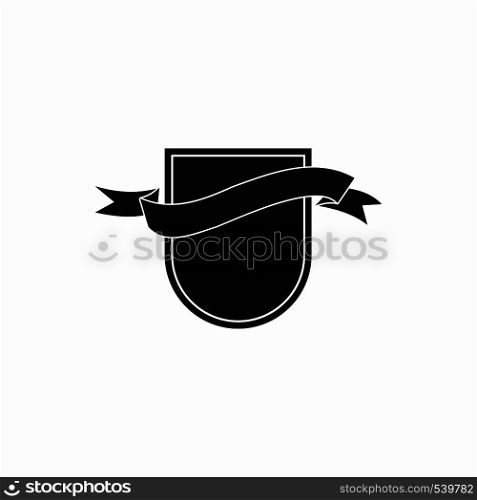 Black shield with ribbon icon in simple style on a white background. Black shield with ribbon icon, simple style