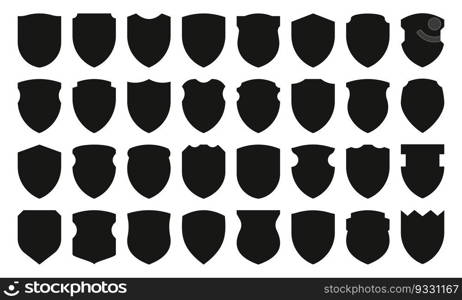 Black shields collection. Medieval protection monochrome silhouettes, blank security badges and heraldic insignia protection seal club badge. Vector set. Safety equipment of different shapes. Black shields collection. Medieval protection monochrome silhouettes, blank security badges and heraldic insignia protection seal club badge. Vector set