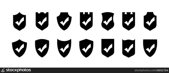 Black shields with checkmarks vector icons set, isolated on white background. Shields with ticks collection. Tick on shield icon set. Vaccination confirmation icons. Vector graphic Vector EPS