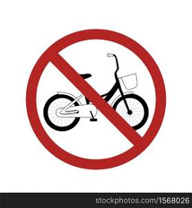 Black silhouette bike in the prohibition sign. Ban on cycling. Child bike in the ban. Vector element for badges, labels, icons and your design.. Black silhouette bike in the prohibition sign. Ban on cycling. Child bike in the ban