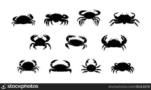 Black silhouette crab set flat cartoon isolated on white background. Vector illustration