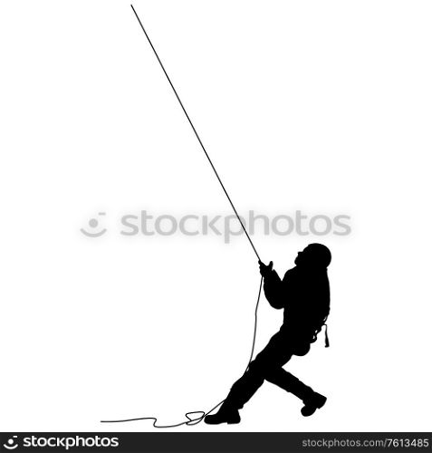 Black silhouette craftsman pulling rope on white background.. Black silhouette craftsman pulling rope on white background