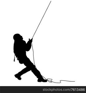 Black silhouette craftsman pulling rope on white background.. Black silhouette craftsman pulling rope on white background