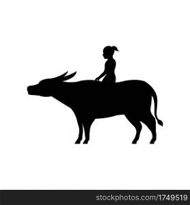 black silhouette design with isolated white background of people sitting on buffalo back,vector illstration