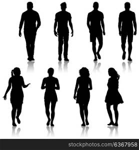 Black silhouette group of people standing in various poses. Black silhouette group of people standing in various poses.