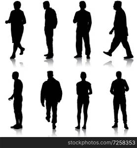 Black silhouette group of people standing in various poses.. Black silhouette group of people standing in various poses