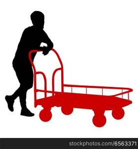 Black silhouette hard worker pushing wheelbarrow and carry big box isolated on white background.. Black silhouette hard worker pushing wheelbarrow and carry big box isolated on white background