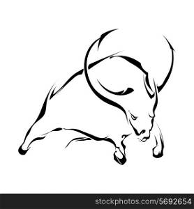 Black silhouette of a bull in a jump isolated on white background. Trademark farm. Vector illustration.