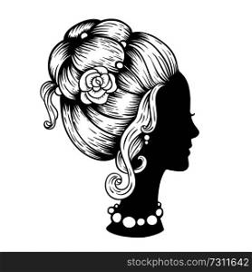 Black silhouette of a female head with a beautiful hairstyle on a white background. Vintage style. Hand drawn vector illustration.