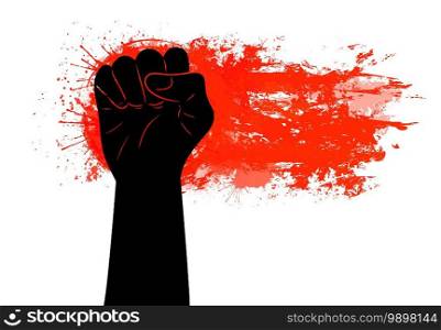 Black silhouette of a fist on a red grunge trace with scratches and watercolor splashes. Demonstrations, manifestos and parades. Freedom for people. Vector object for posters, banners and your design. Black silhouette of a fist on a red grunge trace with scratches and watercolor splashes. Demonstrations, manifestos and parades. Freedom for people. Vector object