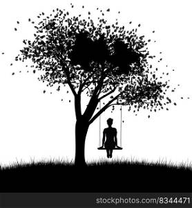 Black silhouette of a girl on a swing under the tree, illustration.