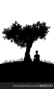 Black silhouette of a girl sit under the tree illustration.