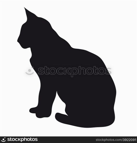 Black silhouette of a large adult cat isolated on a light background. The cat was hiding and sitting watching prey.