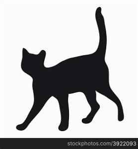 "Black silhouette of a large adult cat isolated on a light background. The cat is waving his tail "pipe"."