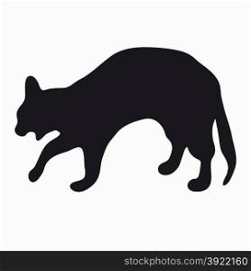 Black silhouette of a large adult cat isolated on a light background. The cat arched his back and hisses, opening his mouth.