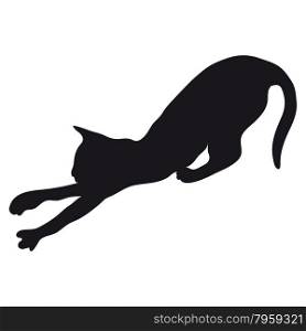 Black silhouette of a large adult cat isolated on a light background. The cat arched his back and pulls forward paws.