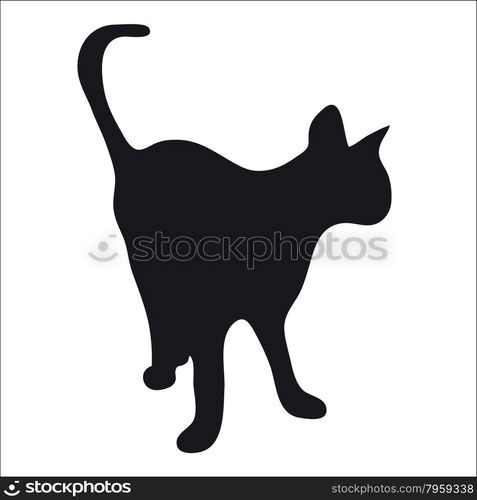 Black silhouette of a large adult cat isolated on a light background. The cat goes and waits for prey.