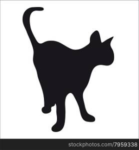 Black silhouette of a large adult cat isolated on a light background. The cat goes and waits for prey.