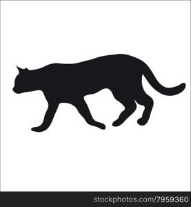 Black silhouette of a large adult cat isolated on a light background. The cat goes and waits for prey.