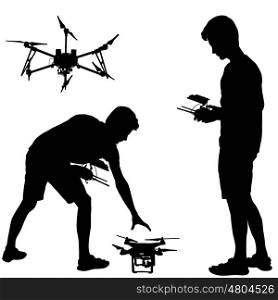 Black silhouette of a man operates unmanned quadcopter vector illustration. Black silhouette of a man operates unmanned quadcopter vector illustration.