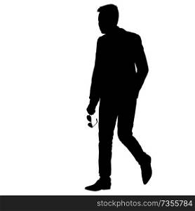 Black silhouette of a walking man with glasses in hand on a white background.. Black silhouette of a walking man with glasses in hand on a white background