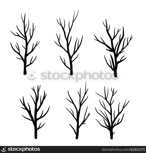 Black silhouette of branch and tree. Set of simple abstract natural wood.