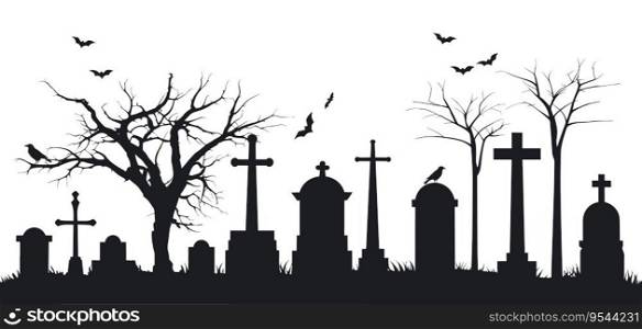 Black silhouette of cemetery with tombstones, crosses, gravestones, crows, bats and trees. Elements of cemetery. Graveyard panorama. Halloween concept. Vector stock