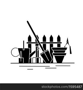 Black silhouette of gardening tools. Watering can, shovel, rake, pots and fence. An active hobby in nature. Vector outline drawing for logos, banners and your design.. Black silhouette of gardening tools. Watering can, shovel, rake, pots and fence. An active hobby in nature. Vector outline drawing