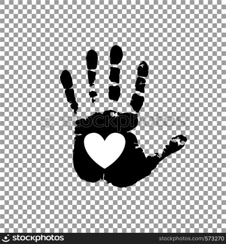 Black silhouette of human hand print with heart sign in open palm isolated on transparent background. Vector monochrome illustration, icon, logo, clip art. White heart in black palm print.. White heart in black palm print.