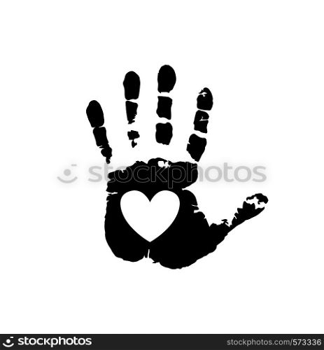 Black silhouette of human hand print with heart symbol in open palm isolated on white background. Vector monochrome illustration, icon, logo, clip art. White heart in black palm print.. Black silhouette of human hand print with heart symbol