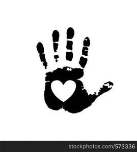 Black silhouette of human hand print with heart symbol in open palm isolated on white background. Vector monochrome illustration, icon, logo, clip art. White heart in black palm print.. Black silhouette of human hand print with heart symbol