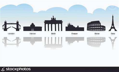 Black silhouette of main european landmark with reflection.