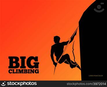 Black silhouette of man on mountain on the sunset - climbing background. Climbing sport man on rock. Vector illustration. Black silhouette of man on mountain on the sunset - climbing background