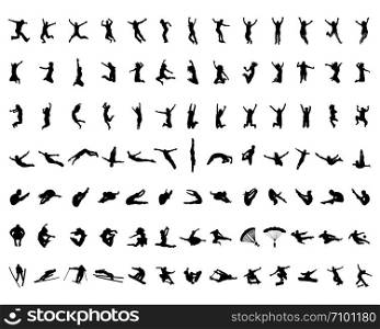 Black silhouette of people jumping on a white background