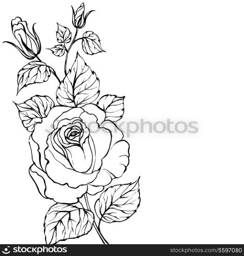 Black silhouette of rose isolated over white. Vector illustration.