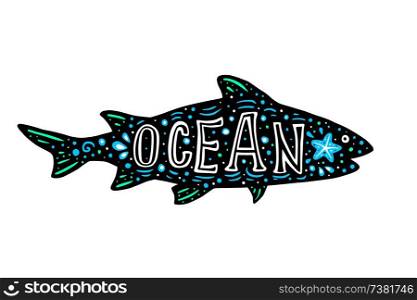 Black silhouette of shark on a white background and lettering. Nature and sea life concept. Hand drawn vector illustration