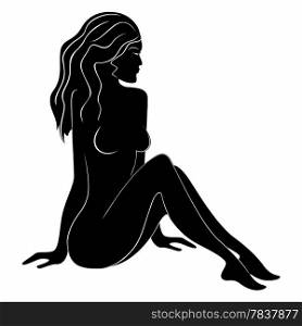 Black silhouette of sitting beautiful woman with flowing hair, hand drawing vector illustration