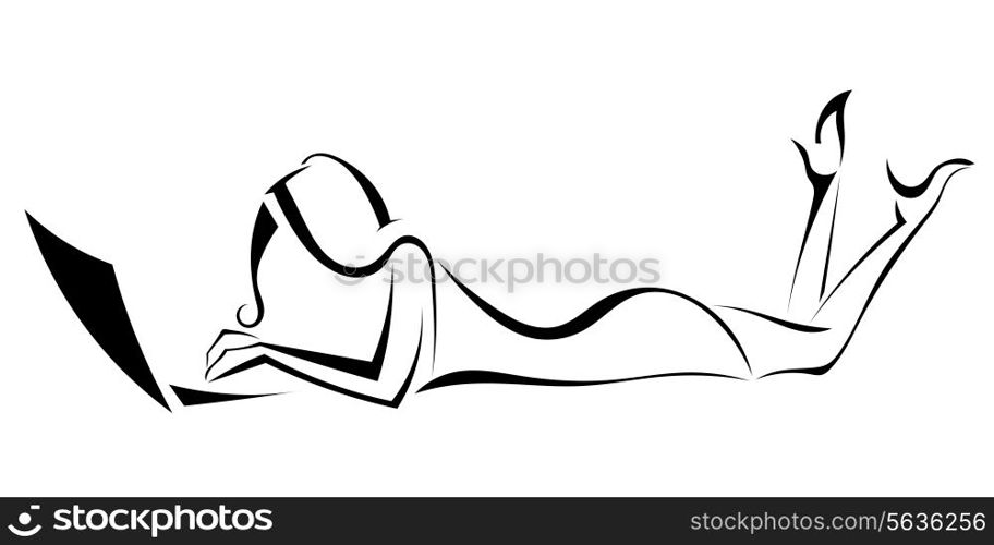 Black silhouette of the girl lying, looking at laptop. vector illustration